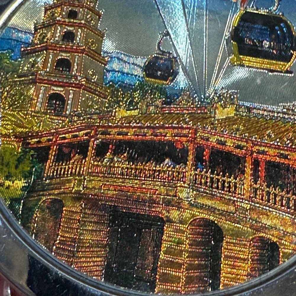 Vietnam Souvenir Compact Mirror Silver Tone‎ Folding Dual Mirror 3D Relief Art
